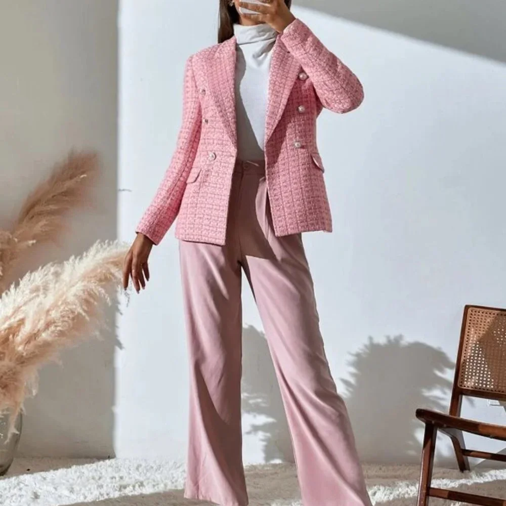Classic Tweed Plaid Double Breasted Blazer Pink - Picture 4 of 6